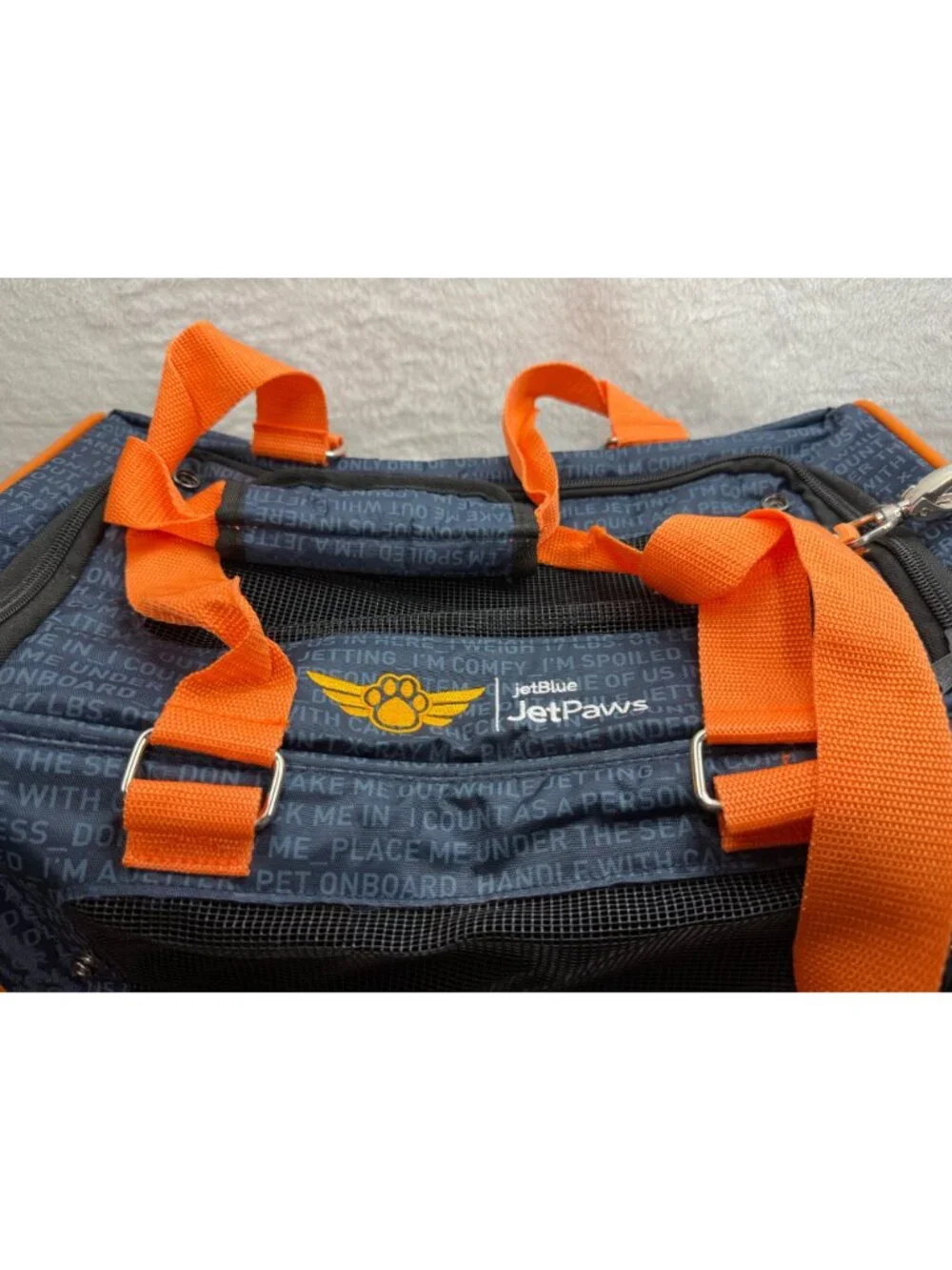 JetBlue JetPaws Navy & Orange Pet Carrier With Mesh Panels & Adjustable Straps